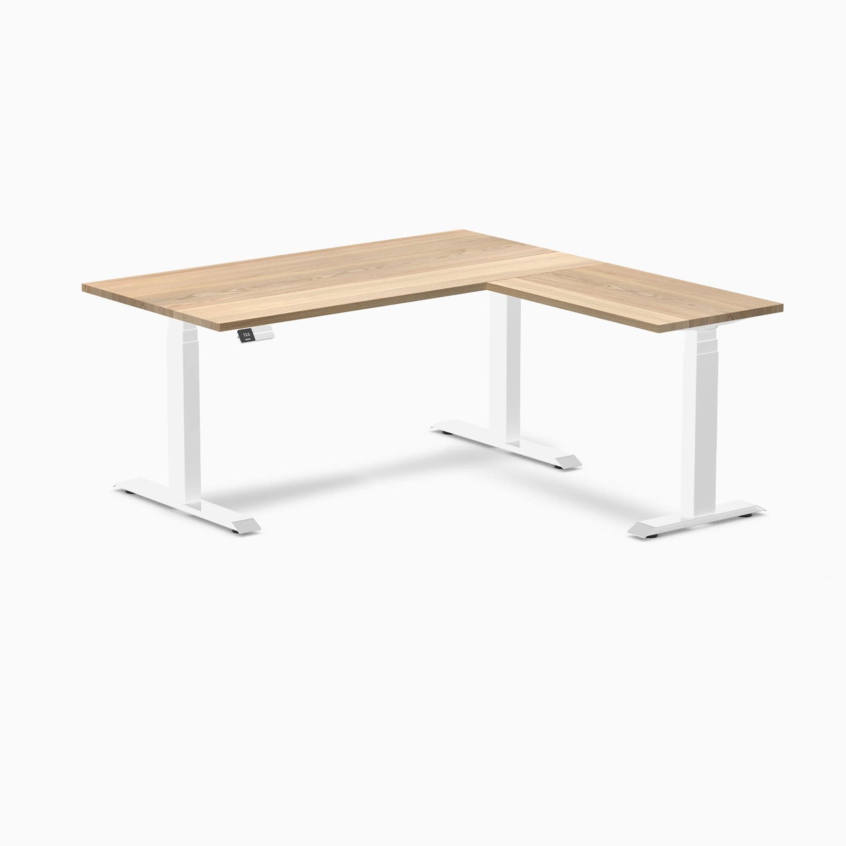 Desky Hardwood L-Shape Sit Stand Desk 150 x 155 cm White Ash Top and White Leg