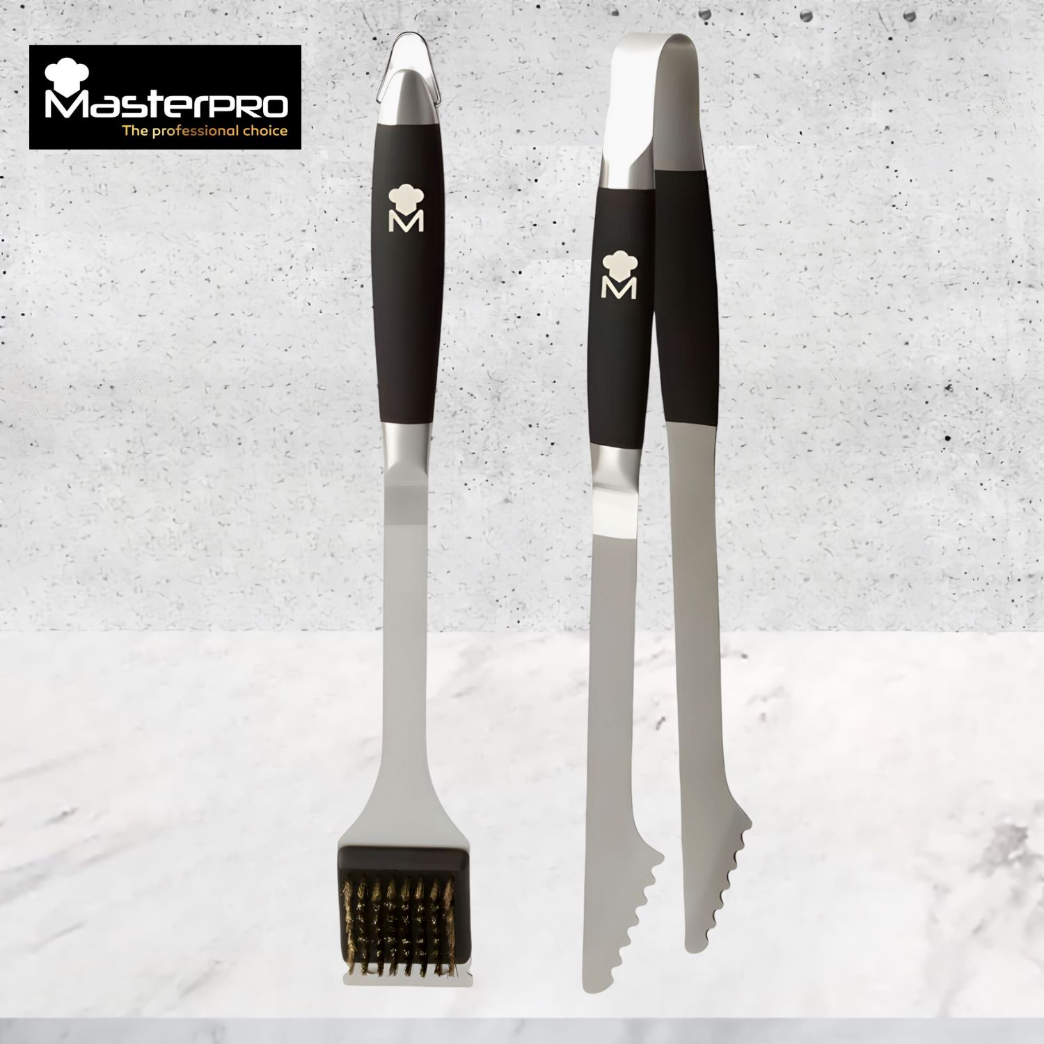 JUEGO DE 2 UTENSILIOS PINZA Y CEPILLO PARA PARRILLA MASTERPRO FOODIES COLLECTION, ACERO INOXIDABLE, MANGO SOFT TOUCH C/NE