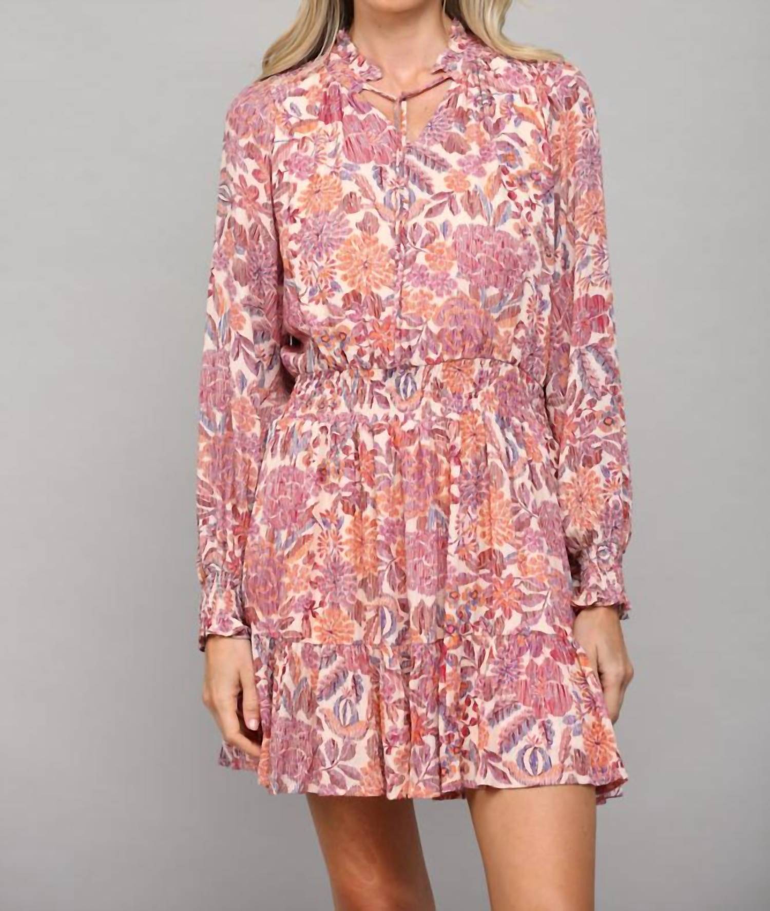 Fate Floral Print With Lurex Long Sleeve Dress In Blush Multi