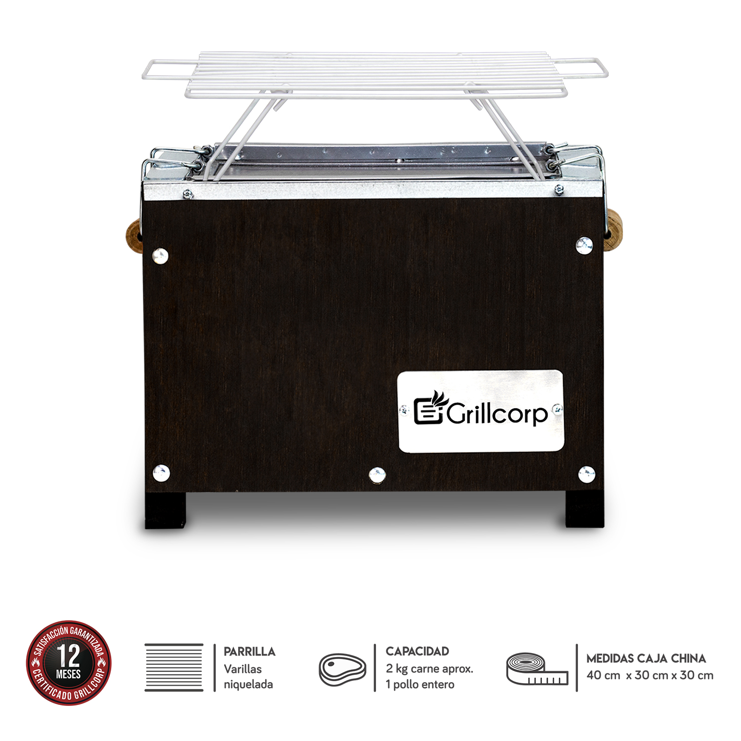 GRILLCORP CAJA CHINA MINI INOXIDABLE BLACK + PARRILLA DE VARILLAS NIQUELADAS 40X30X30 CM