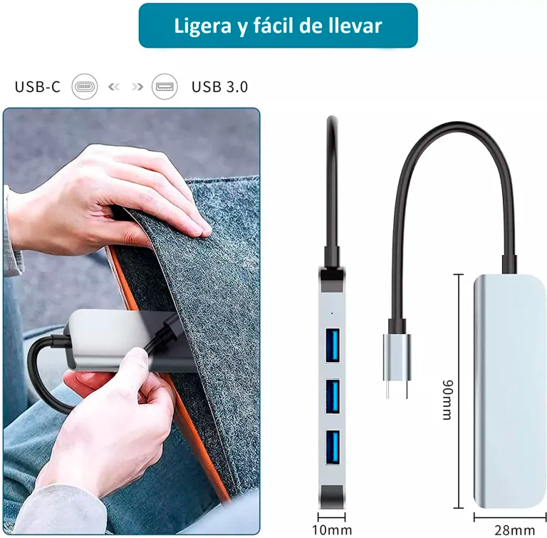 ADAPTADOR HUB TIPO C A 4 PUERTOS USB 3.0 Y 2.0 LAPTOP, CELULAR