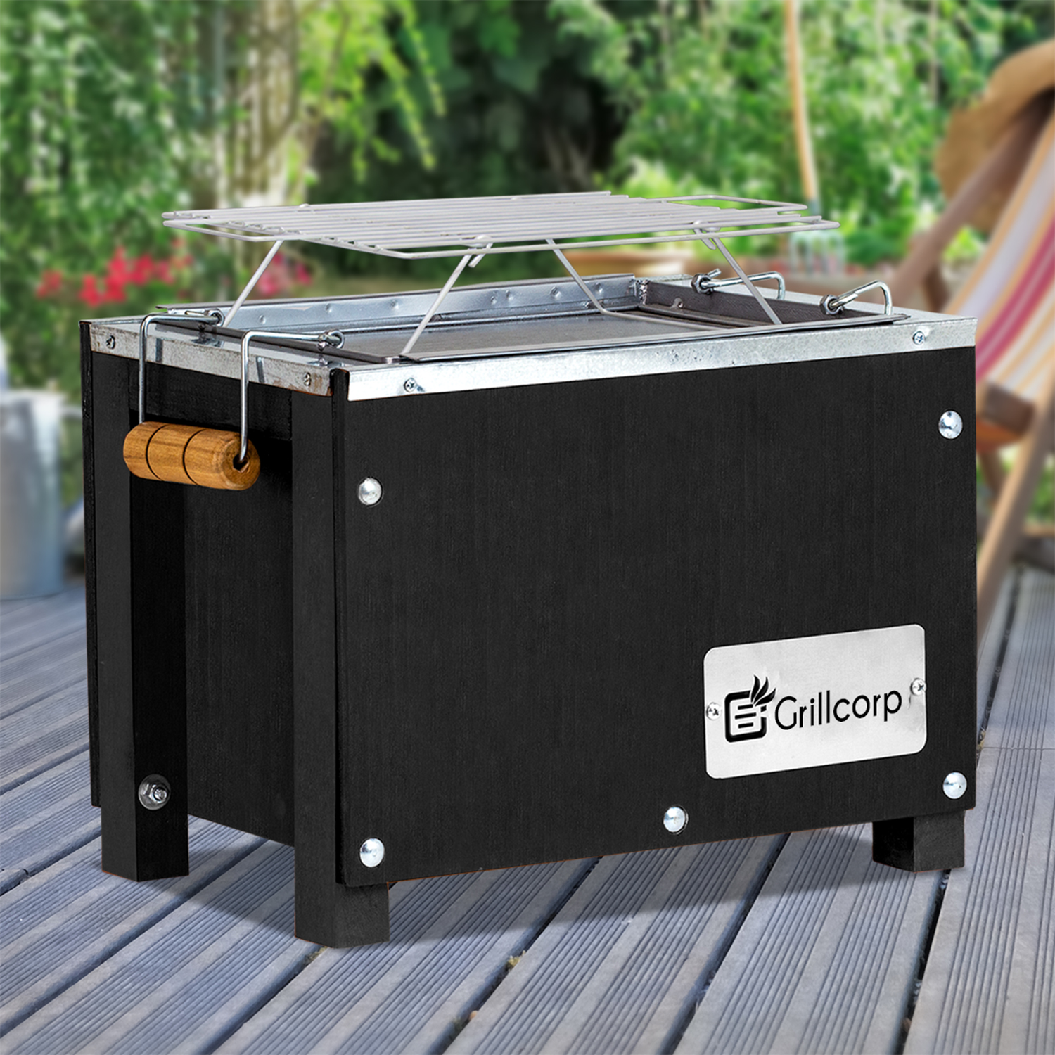 GRILLCORP CAJA CHINA MINI INOXIDABLE BLACK + PARRILLA DE VARILLAS NIQUELADAS 40X30X30 CM