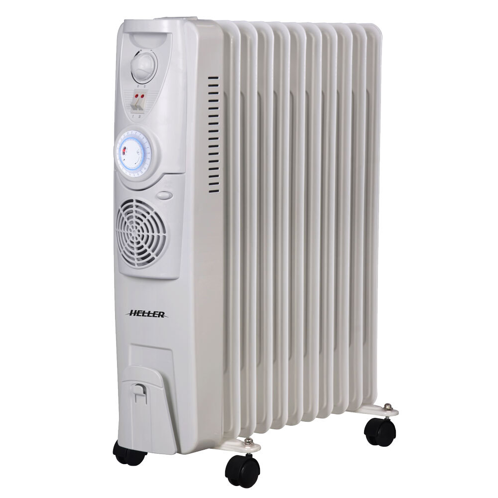 Heller Portable Oil Heater 11 Fin Fan Timer with 2400W 3 Heat Settings White