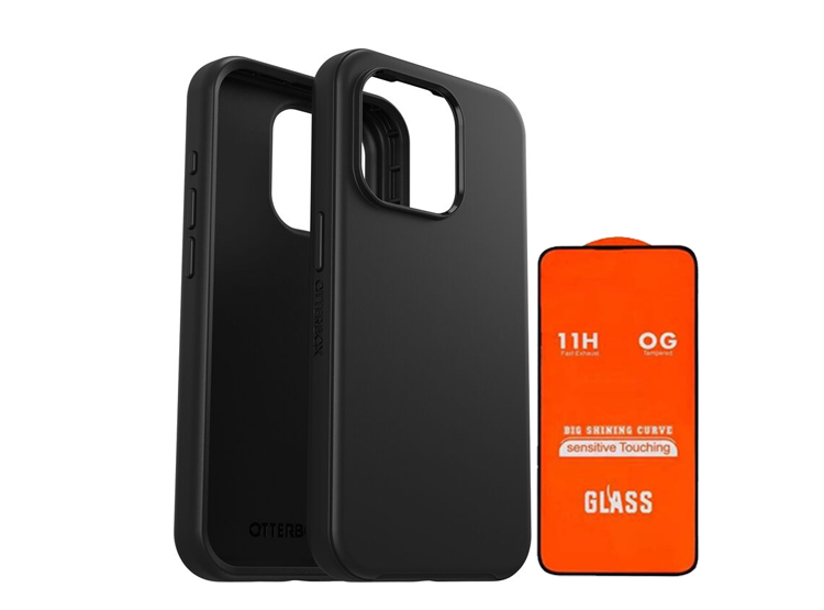 CASE OTTERBOX SYMMETRY PARA IPHONE 15 PRO NEGRO + MICA DE VIDRIO COMPLETO