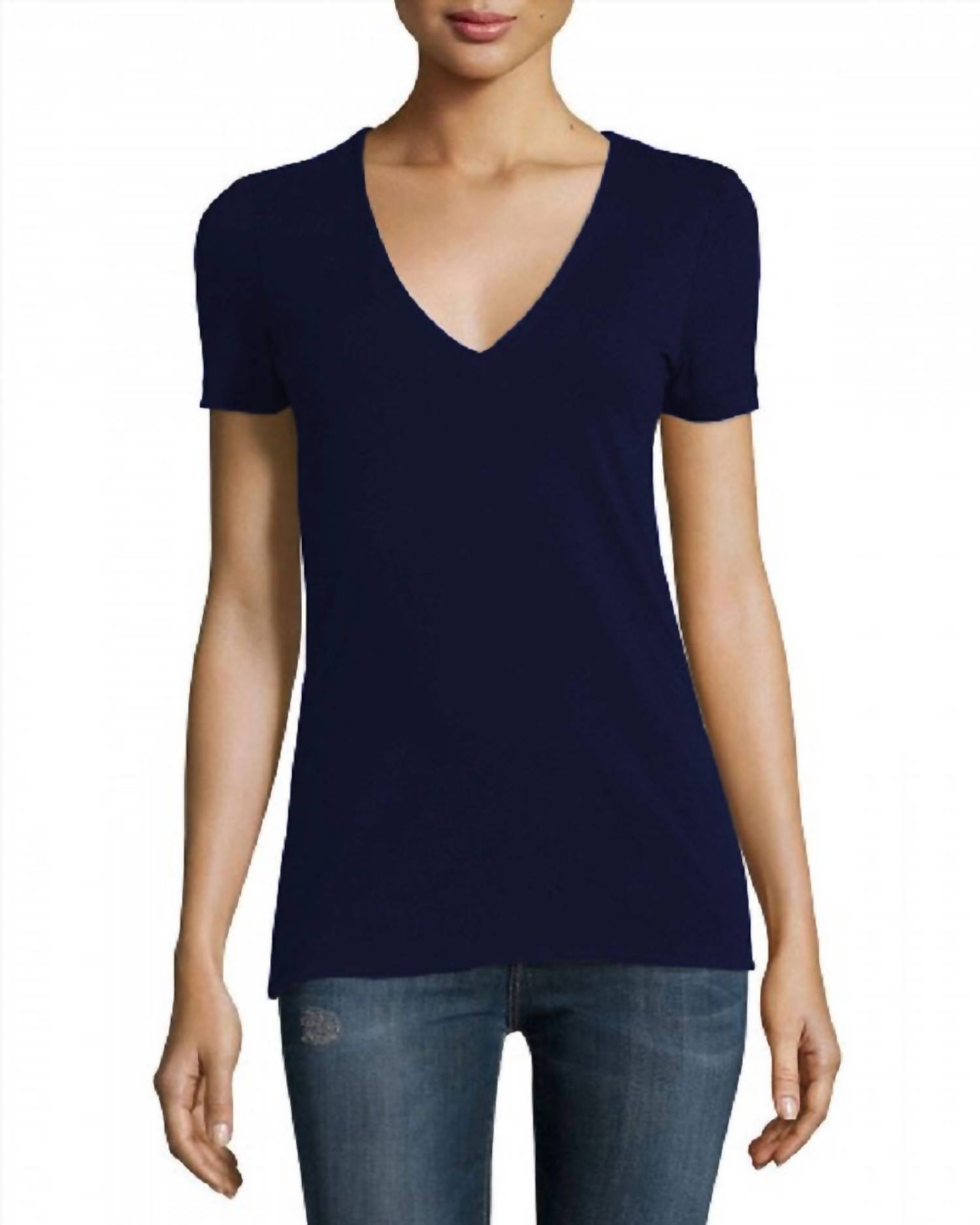James Perse Women V-Neck Cotton T-Shirt In Navy