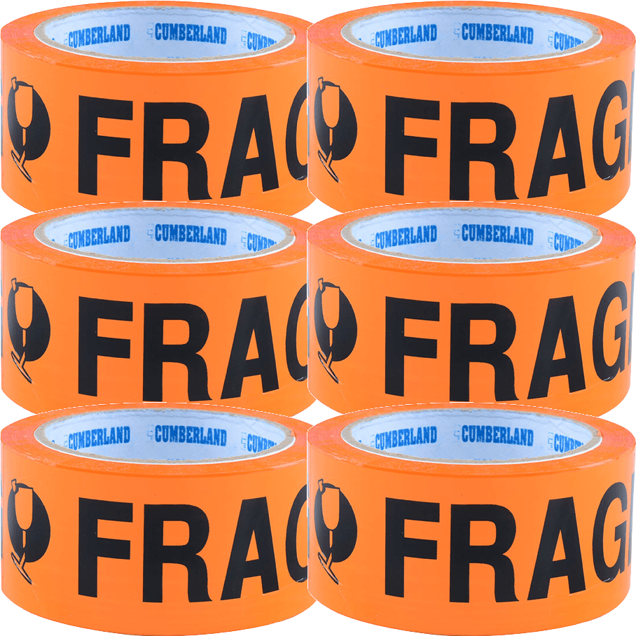 Cumberland Printed Fragile Tape Orange/Black Packing Packaging Pack 6