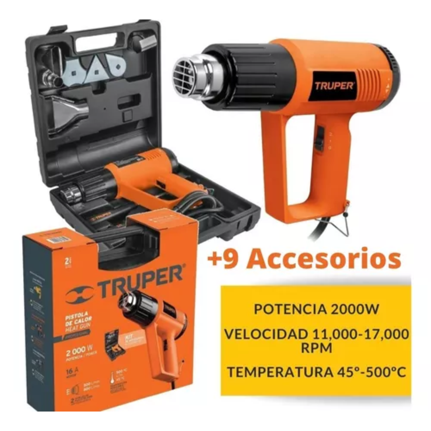 PISTOLA DE CALOR TRUPER AIRE CALIENTE DE ALTA CALIDAD 2000W CON 9 PIEZAS DE ACCESORIOS