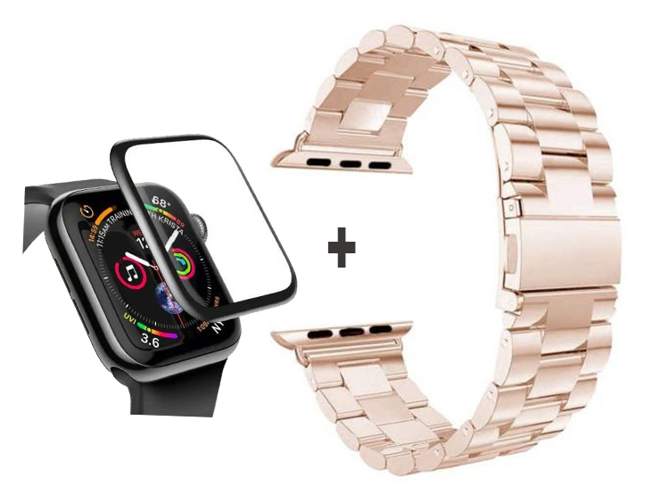 CORREA METALICA ESLABON PARA APPLE WATCH 40MM ROSA GOLD + MICA DE VIDRIO FULL GLUE 3D COMPLETO