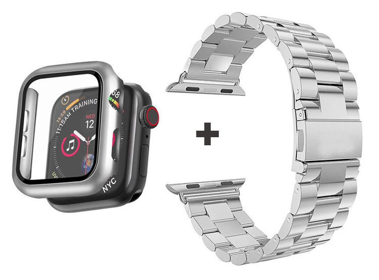 CORREA METALICA ESLABON PARA APPLE WATCH 49MM + BUMPER CON VIDRIO - PLATA