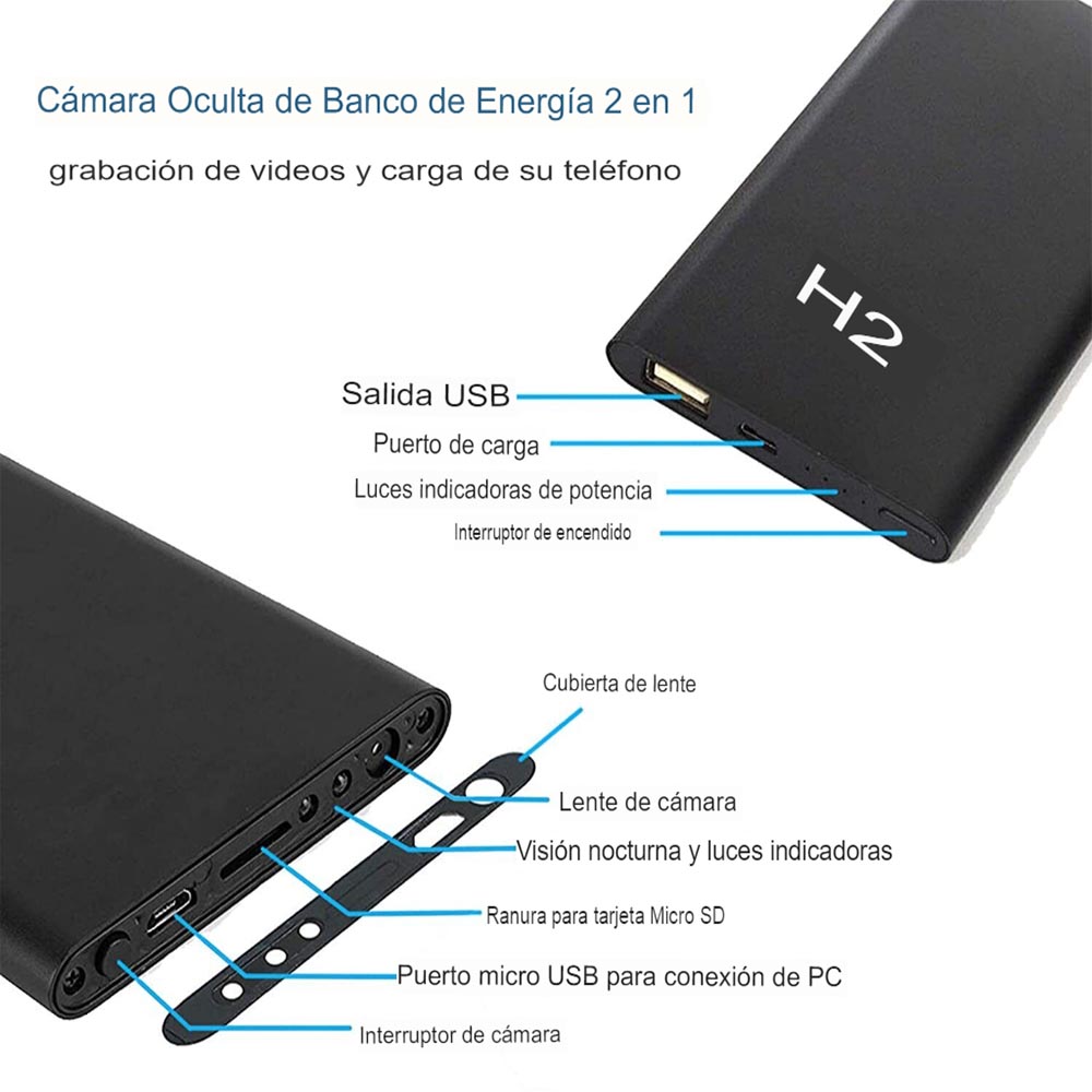 BATERÍA PORTÁTIL CÁMARA ESPÍA POWER BANK DE 5000 MAH, HD 1080P INFRARROJO VIDEO FOTOS H2