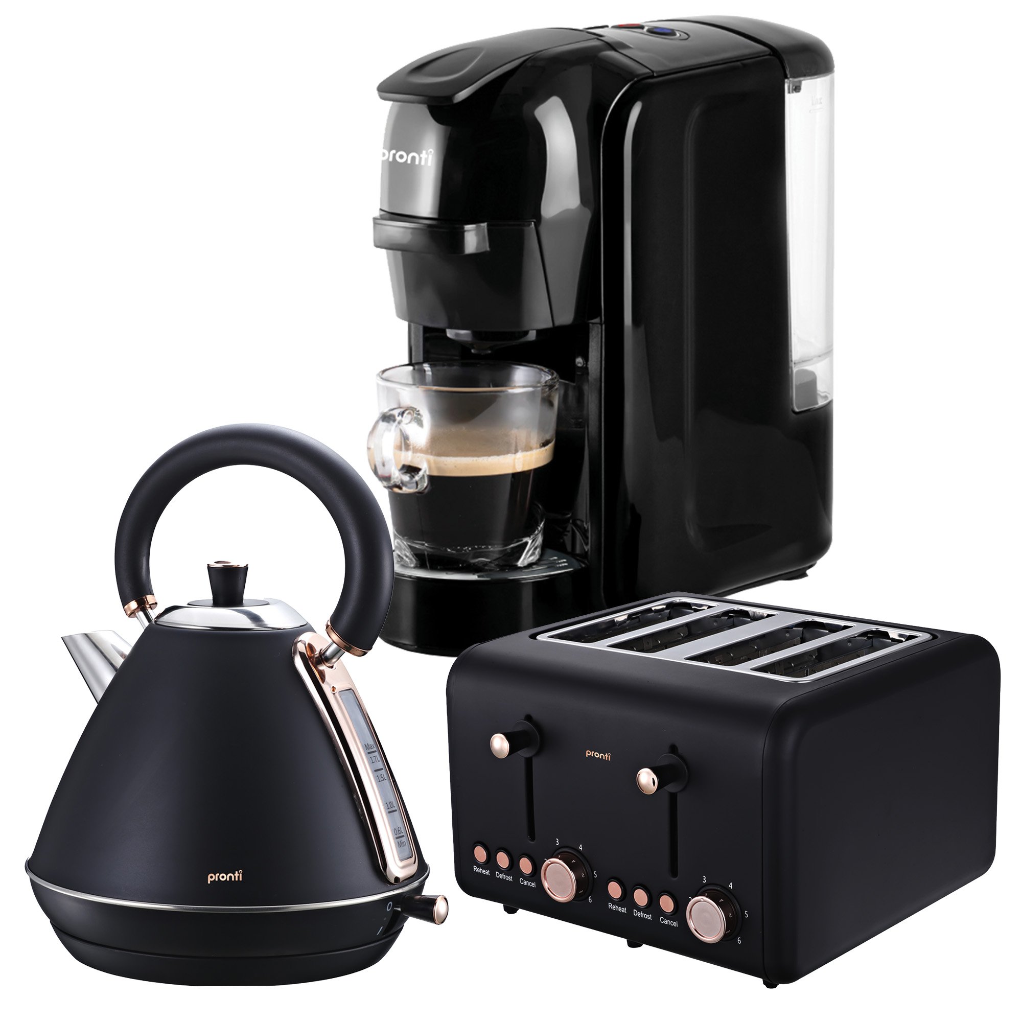 Pronti 3-in-1 Breakfast Set Kettle, 4-Slice Toaster & Pronti HomeMaid Coffee Machine Combo (Black)