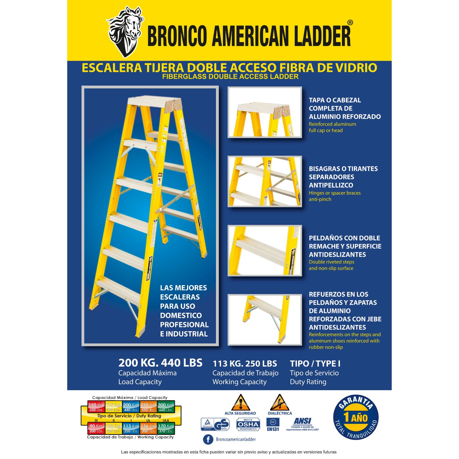 ESCALERA TIJERA FIBRA DE VIDRIO PROFESIONAL DOBLE ASCENSO 5 PASOS - BRONCO AMERICAN LADDER