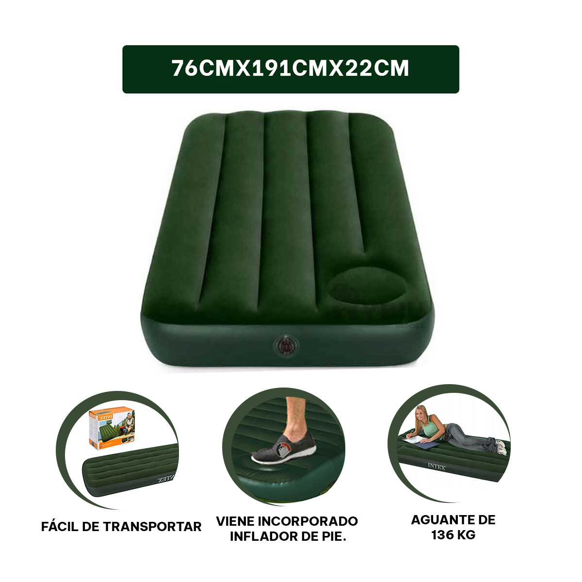 COLCHON INFLABLE ACOLCHADO COMODO DE COLOR VERDE 66950