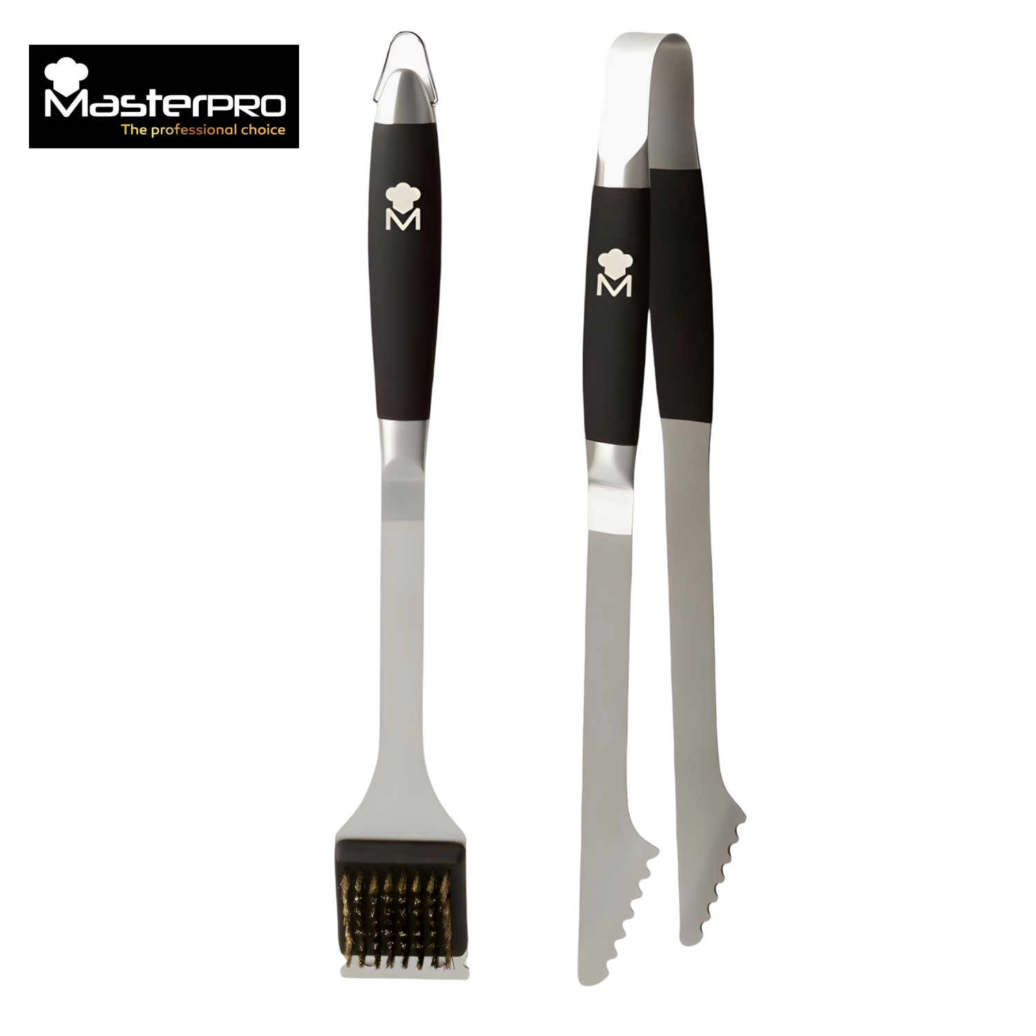 JUEGO DE 2 UTENSILIOS PINZA Y CEPILLO PARA PARRILLA MASTERPRO FOODIES COLLECTION, ACERO INOXIDABLE, MANGO SOFT TOUCH C/NE