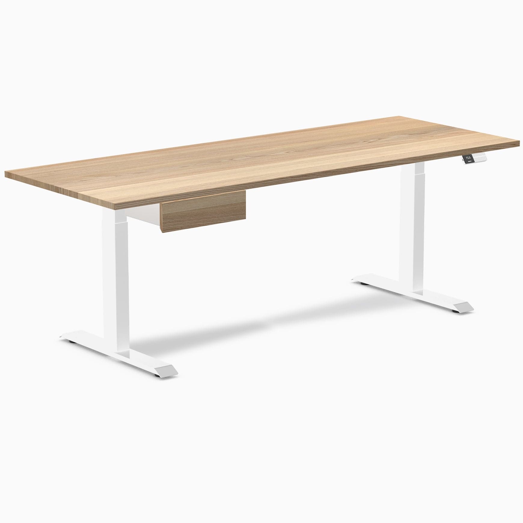 Desky Dual Hardwood Standing Desk With Drawer 200cm White Ash Desktop and White Frame