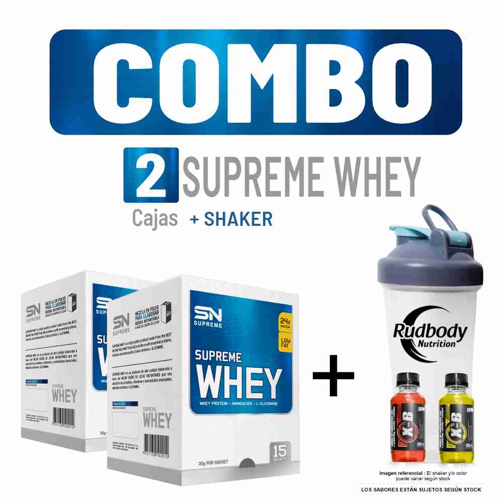 COMBO SUPREME NUTRITION - 2 SUPREME WHEY CAJA 15 UNID. VAINILLA + SHAKER