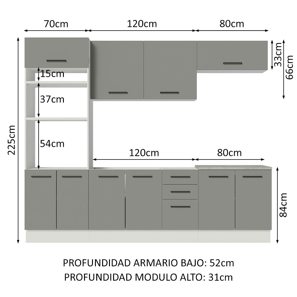 MUEBLE DE COCINA ALACENA MADESA AGATA SIN LAVADERO 270 CM | GRIS