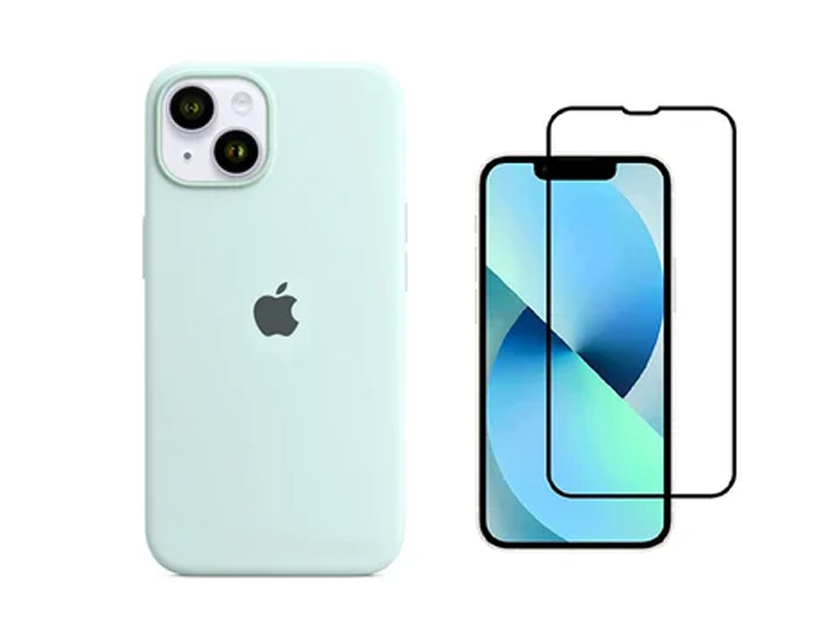 CASE SILICONA IPHONE 14 TURQUESA + MICA DE VIDRIO COMPLETO