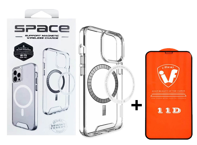 CASE SPACE MAGSAFE PARA IPHONE 15 TRANSPARENTE + MICA DE VIDRIO 11D COMPLETO
