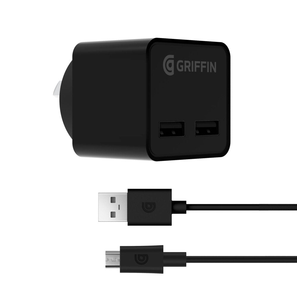 Griffin PowerBlock 12W Dual USB-A Wall Charger with Micro USB Cable (Black)