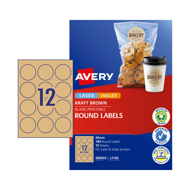 Avery Kraft Brown Round Labels, 60 mm diameter [180-Pieces]