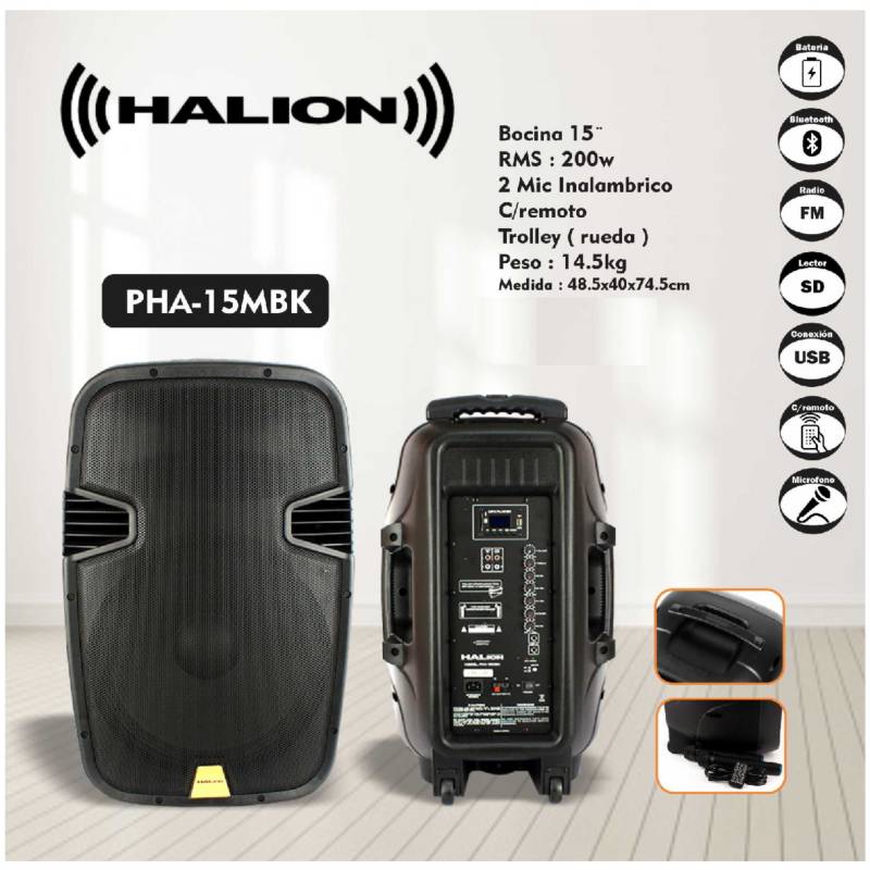 PARLANTE ACTIVO HALION 15″ PHA-15MBK 2UHF MIC BATERIA