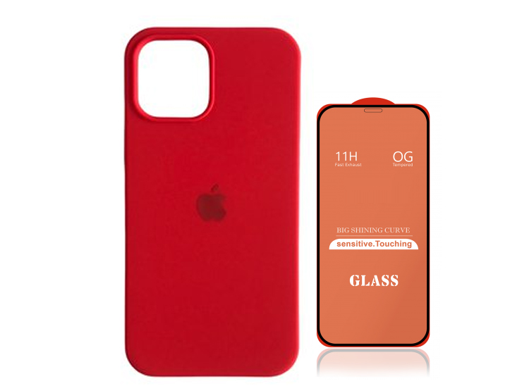 CASE SILICONA IPHONE 11 PRO MAX  ROJO + MICA DE VIDRIO COMPLETO