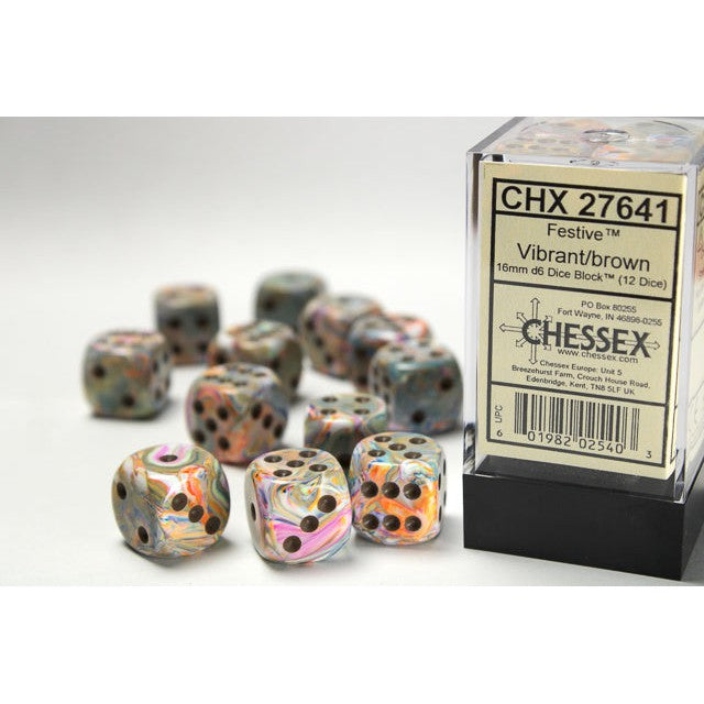 Chessex Festive 16mm D6 Dice Block (Vibrant/Brown, 12 Dice)