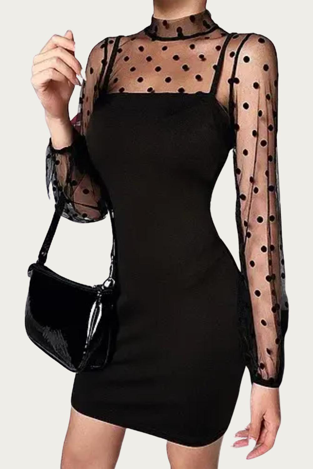Melody Fashion Polka Dot Mesh Sleeve Mini Dress In Black