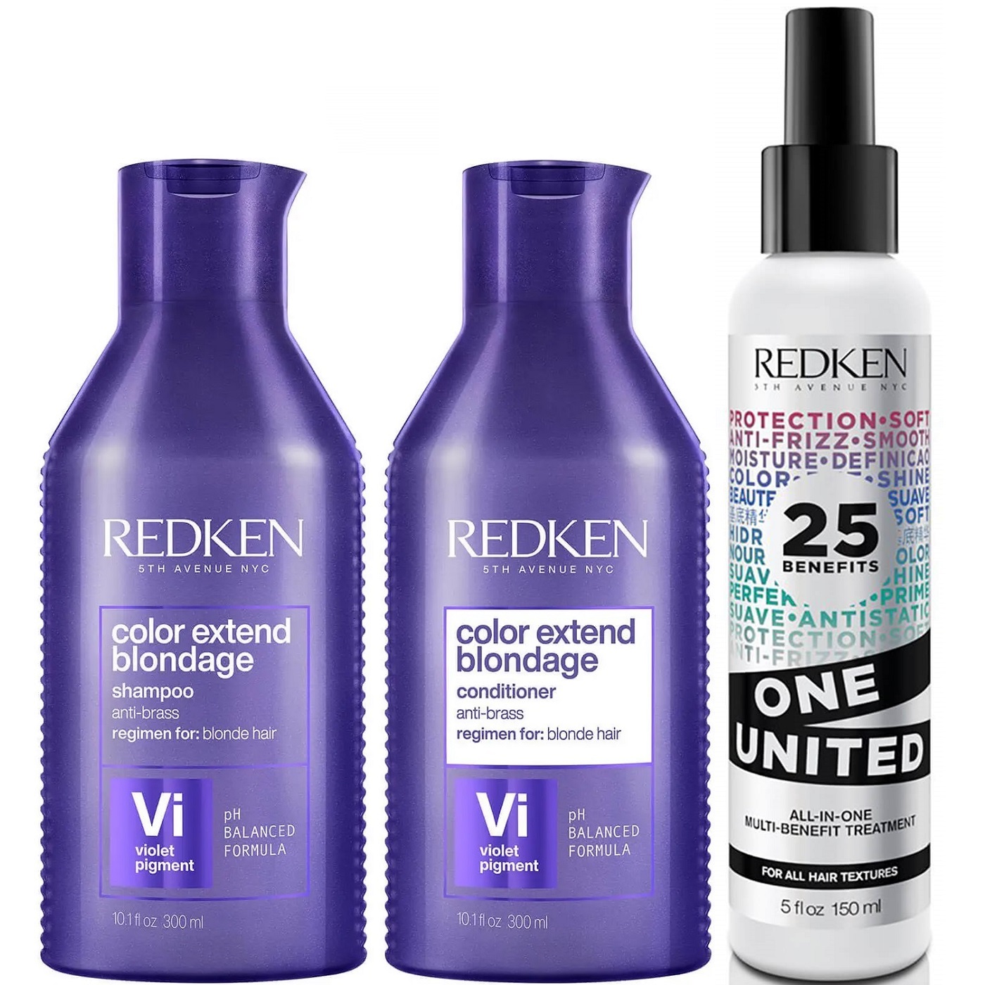 SHAMPOO VIOLETA + ACONDICIONADOR + SPRAY ONE UNITED REDKEN BLONDAGE