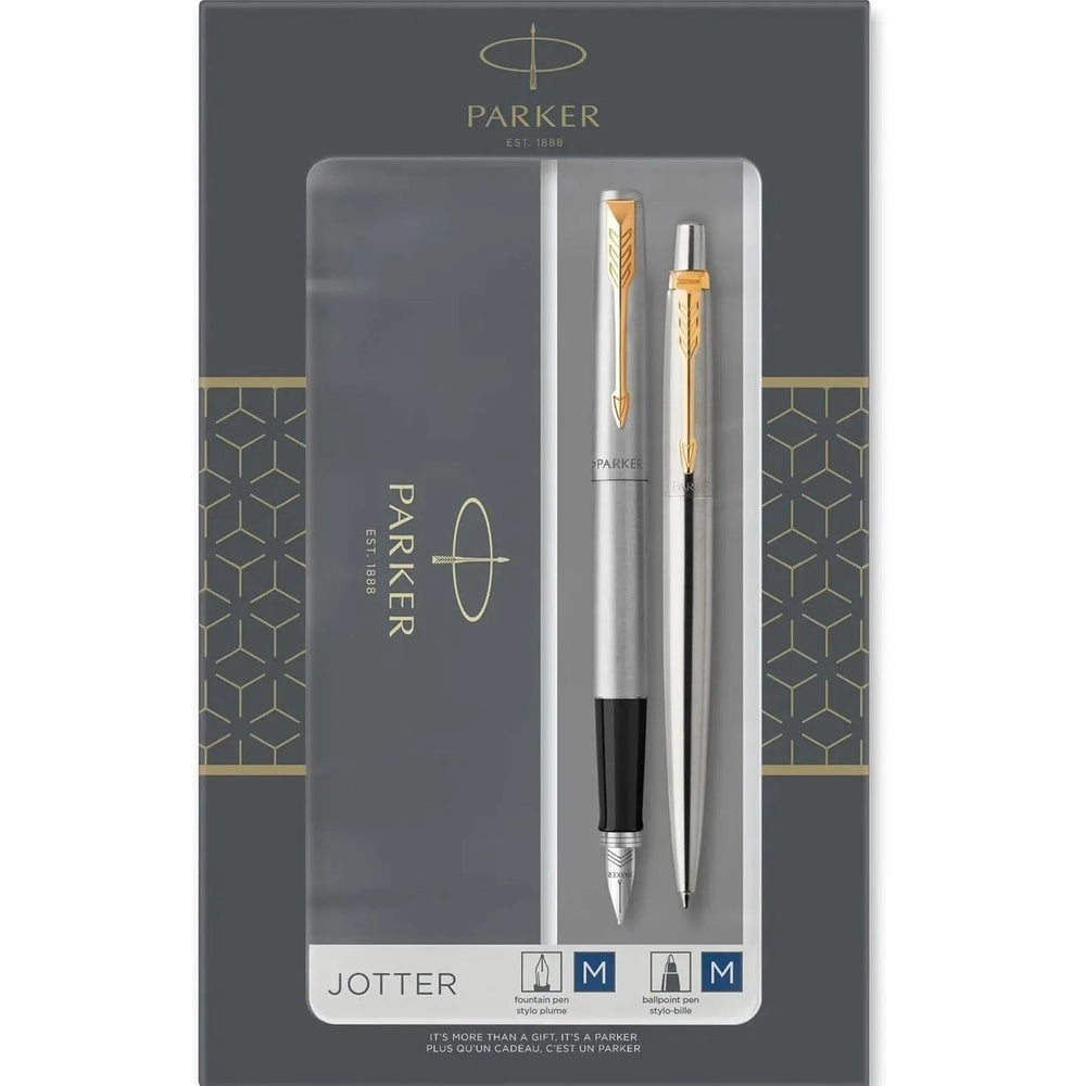 Parker Jotter Fountain Pen Ballpoint Duo Gift Set (Stainless Steel Gold Trim)