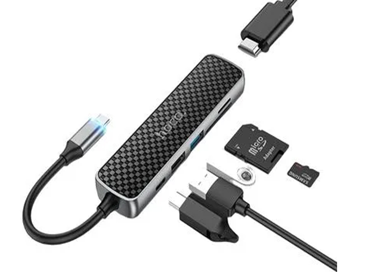 LECTOR MULTIPUERTO ADAPTADOR 6 EN 1 HOCO HB24 MULTIFUNCIÓN USB-C 60W - NEGRO