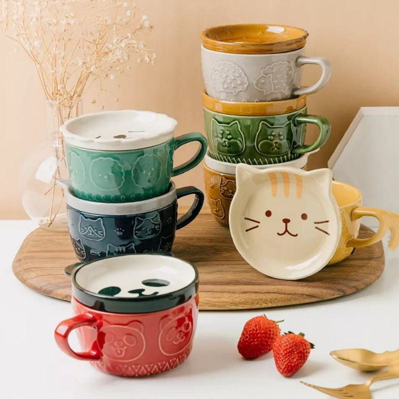 TAZA DE JUEGO CON PLATO DISEÑO DE ANIMALES KAWAI COLECCIONABLES GATO BEIGE