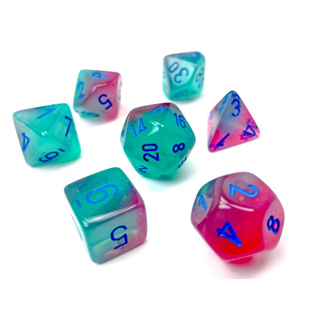 Chessex Gemini Polyhedral Dice Set (Gel Green-Pink/Blue Luminary, 7 Dice)