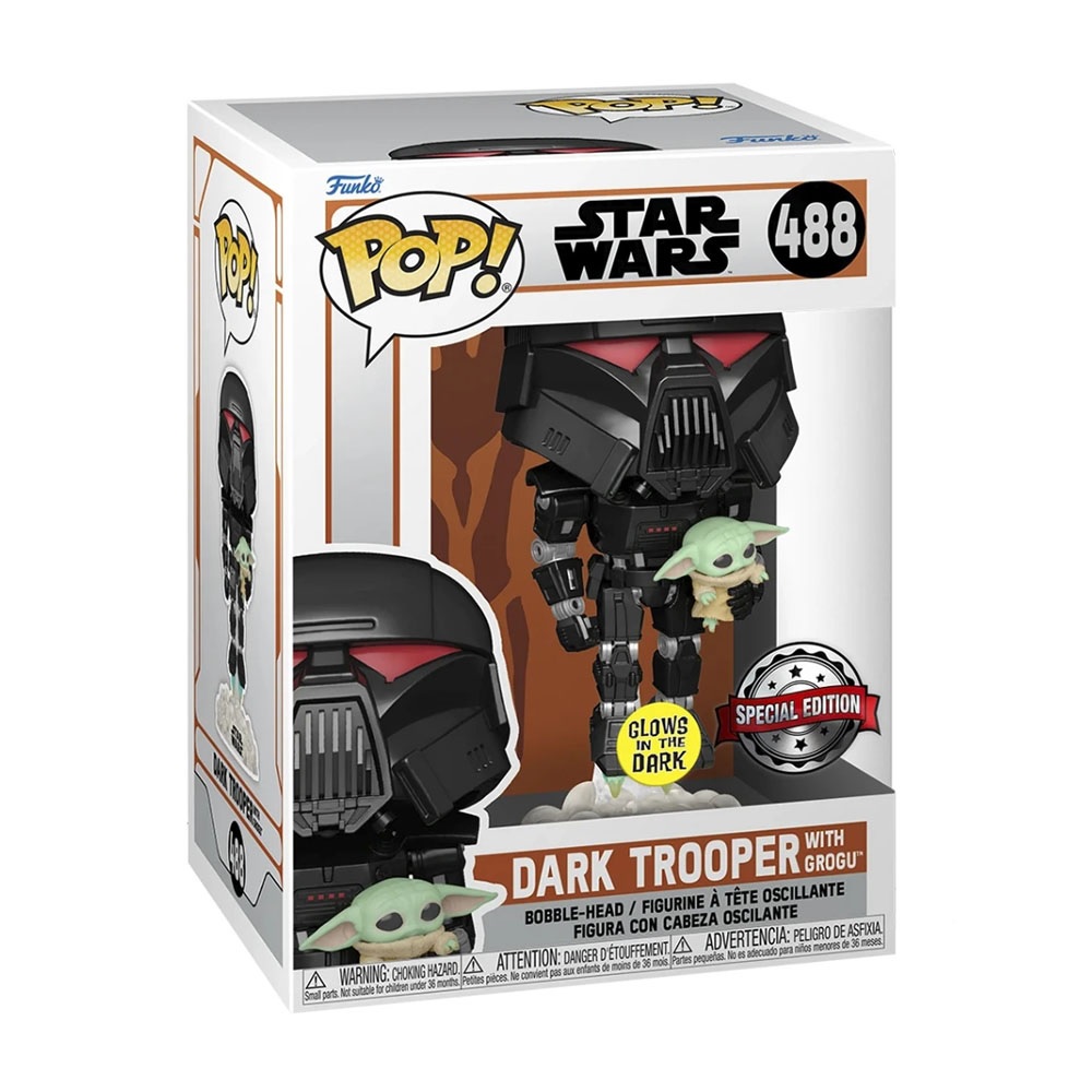 FUNKO POP STAR WARS MANDALORIAN DARK TROOPER CON GROGU STICKER SPECIAL